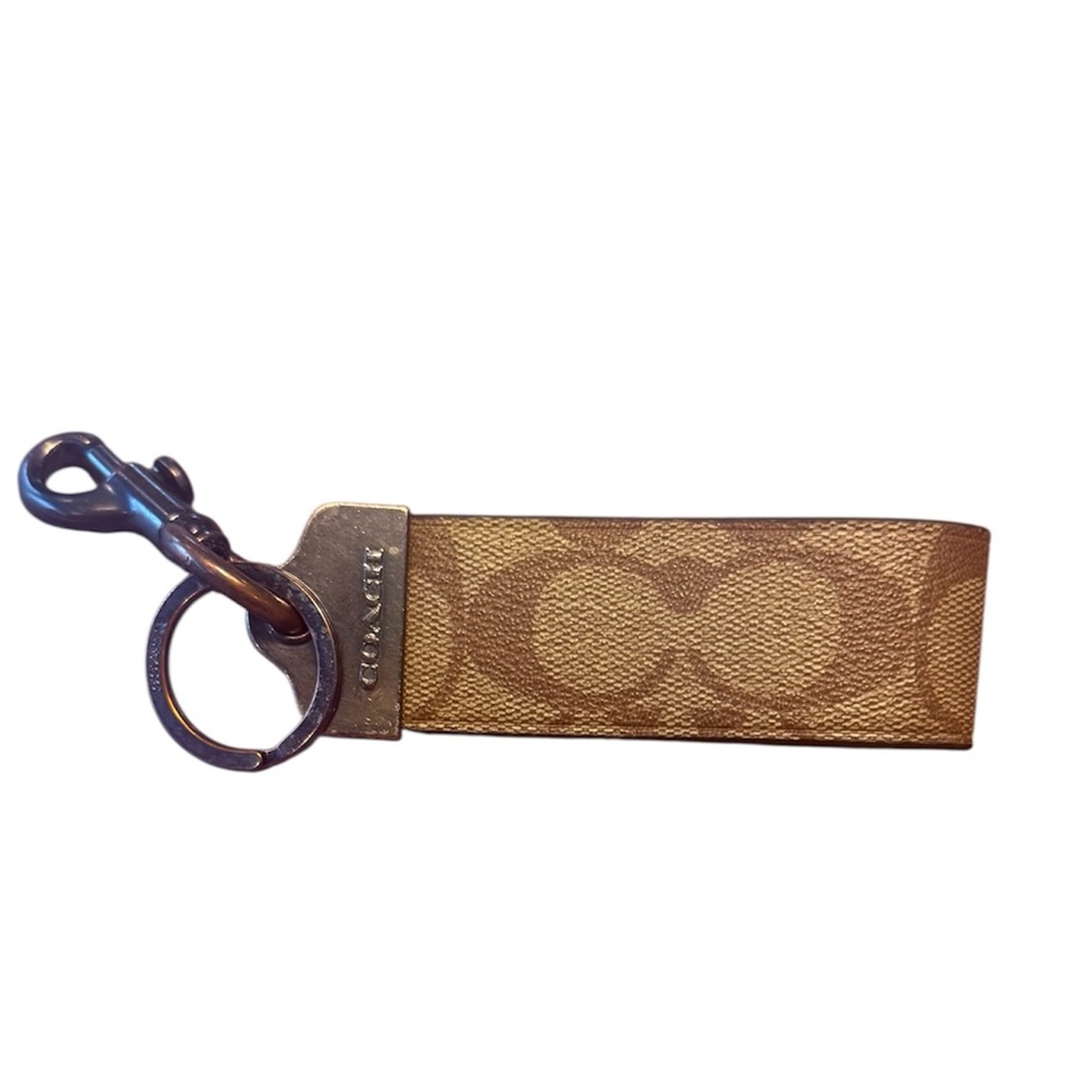 Coach Unisex Brown Signature Saffiano Leather Keyring with Metal Clip